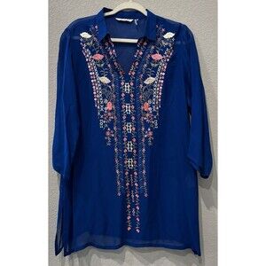 Soft Surroundings Sheer Blue Floral Embroidered Tunic Blouse Top Women’s M